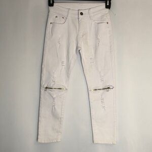 Fredd Marshall Women’s White Cotton Blend 5 Pocket Distressed Zipper Jean Size 7